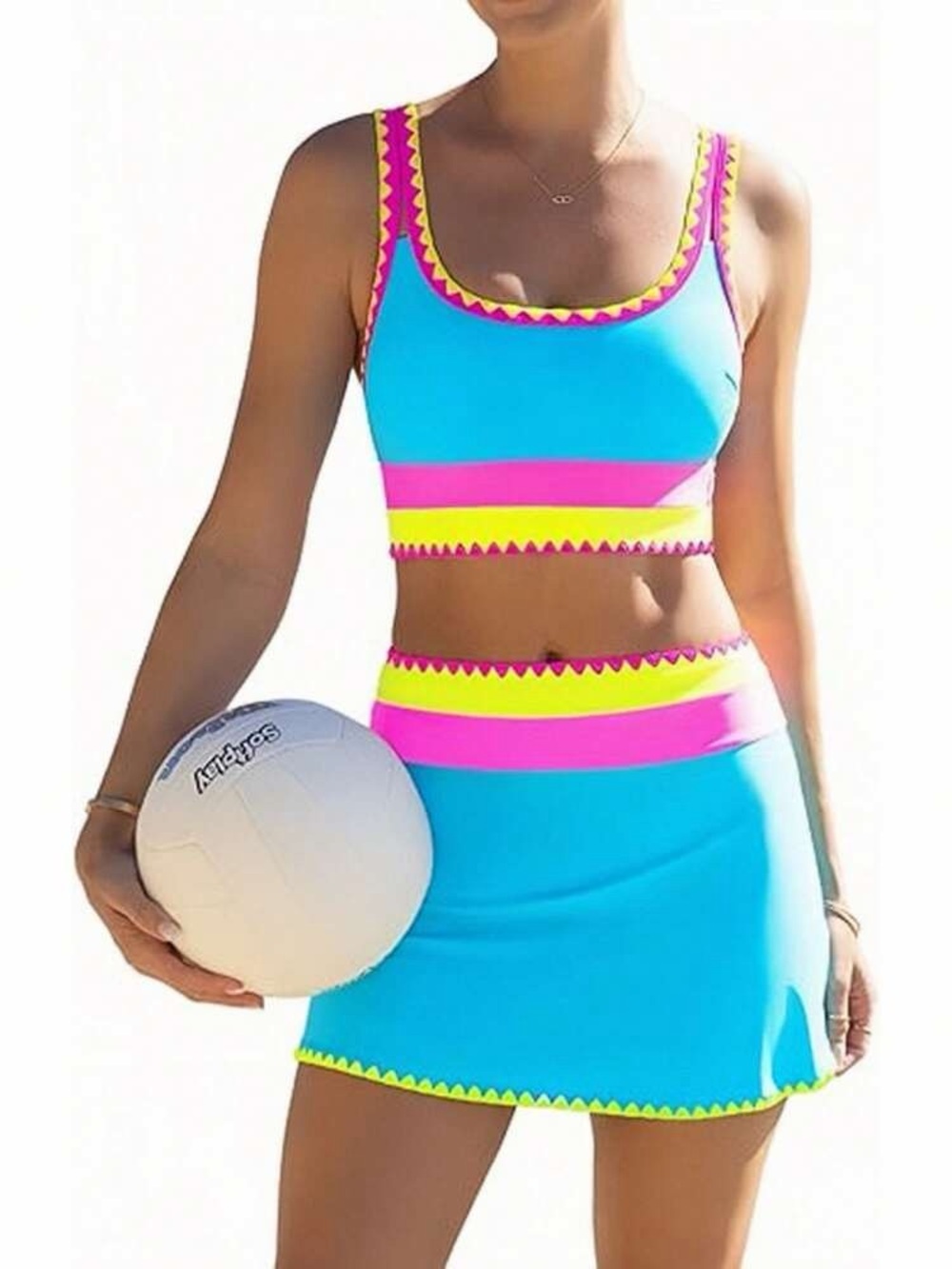 3 Piece Colorblock Bikini Set with Skirt NEW Plus Size XXL